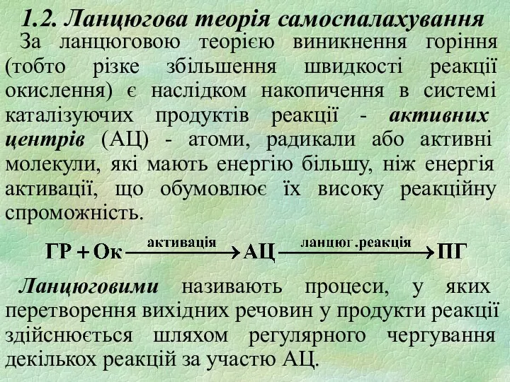 1.2. Ланцюгова теорія самоспалахування За ланцюговою теорією виникнення горіння (тобто