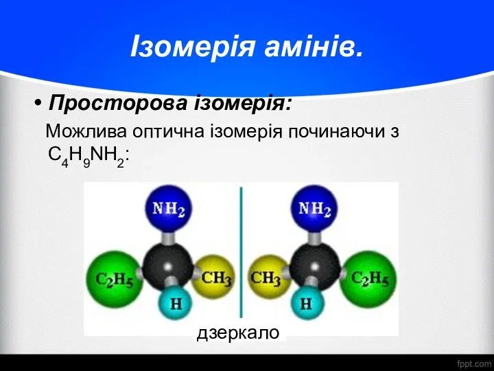 Ізомерія амінів. Просторова ізомерія: Можлива оптична ізомерія починаючи з С4H9NH2: дзеркало