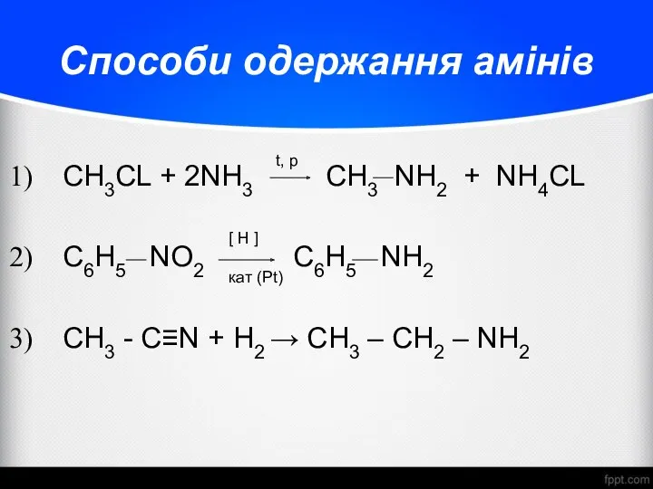 Способи одержання амінів CH3CL + 2NH3 CH3 NH2 + NH4CL