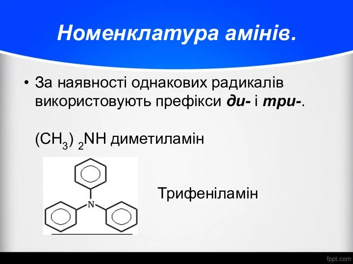 Номенклатура амінів. За наявності однакових радикалів використовують префікси ди- і три-. (CH3) 2NH диметиламін Трифеніламін