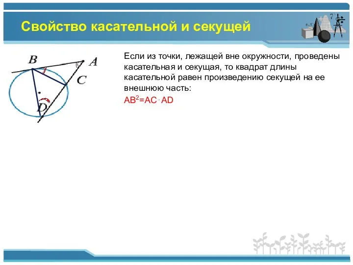 Свойство касательной и секущей Если из точки, лежащей вне окружности,