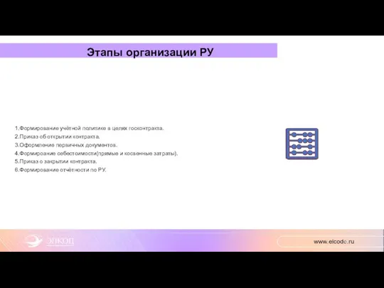 Этапы организации РУ 1.Формирование учётной политике в целях госконтракта. 2.Приказ