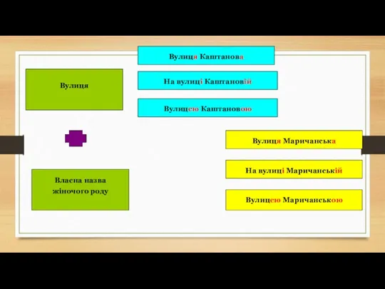 Вулиця Власна назва жіночого роду На вулиці Каштановій Вулицею Маричанською Вулиця Каштанова Вулицею