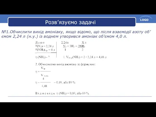 Розв’язуємо задачі №1.Обчислити вихід амоніаку, якщо відомо, що після взаємодії