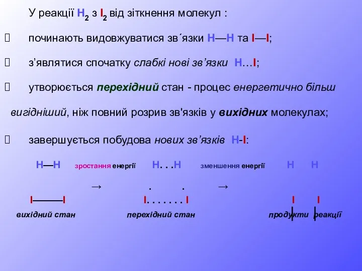 У реакції H2 з I2 від зіткнення молекул : починають