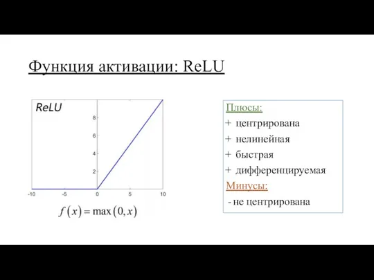 Функция активации: ReLU Плюсы: центрирована нелинейная быстрая дифференцируемая Минусы: не центрирована