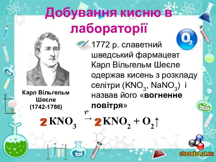 Добування кисню в лабораторії chemist.at.ua 1772 р. славетний шведський фармацевт