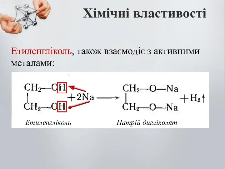 Хімічні властивості Етиленгліколь, також взаємодіє з активними металами: Натрій дигліколят Етиленгліколь