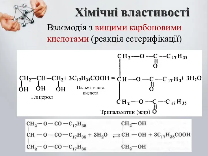 Взаємодія з вищими карбоновими кислотами (реакція естерифікації) Трипальмітин (жир) Пальмітинова кислота Гліцерол