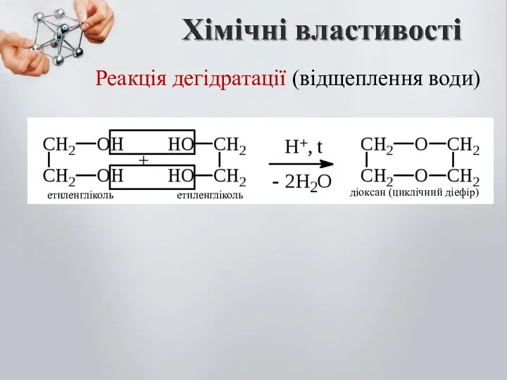 Реакція дегідратації (відщеплення води) діоксан (циклічний діефір) етиленгліколь етиленгліколь