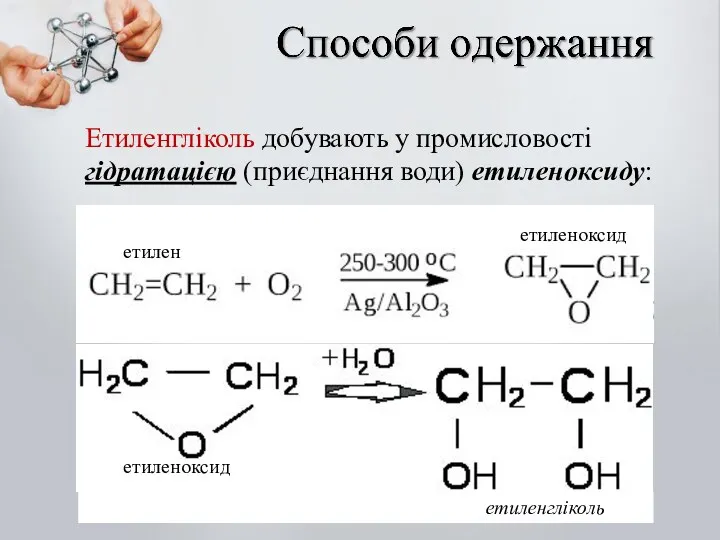 Етиленгліколь добувають у промисловості гідратацією (приєднання води) етиленоксиду: етилен етиленоксид етиленоксид етиленгліколь