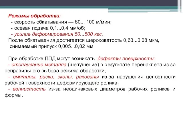 Режимы обработки: - скорость обкатывания — 60... 100 м/мин; -