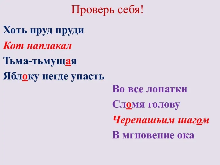 Проверь себя! Во все лопатки Сломя голову Черепашьим шагом В