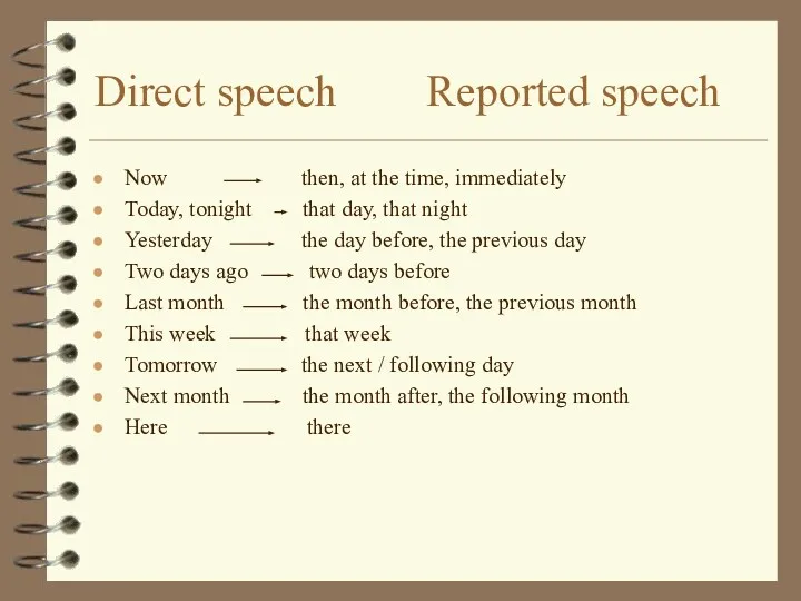 Direct speech Reported speech Now then, at the time, immediately