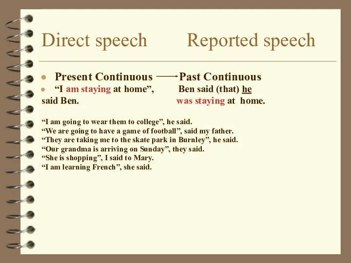 Direct speech Reported speech Present Continuous Past Continuous “I am