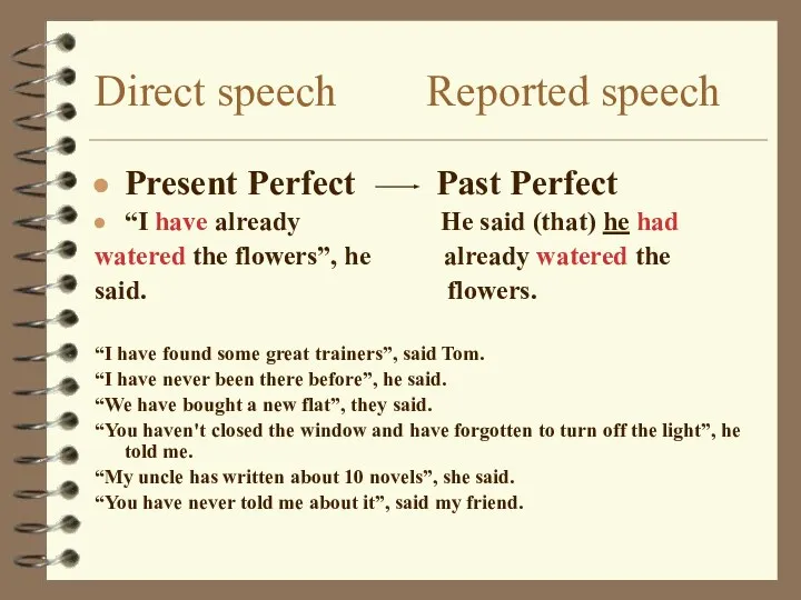 Direct speech Reported speech Present Perfect Past Perfect “I have