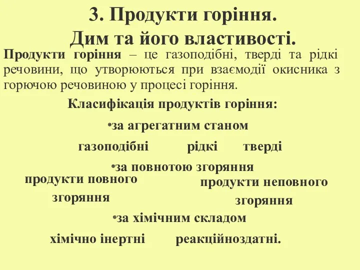 3. Продукти горіння. Дим та його властивості. Продукти горіння –