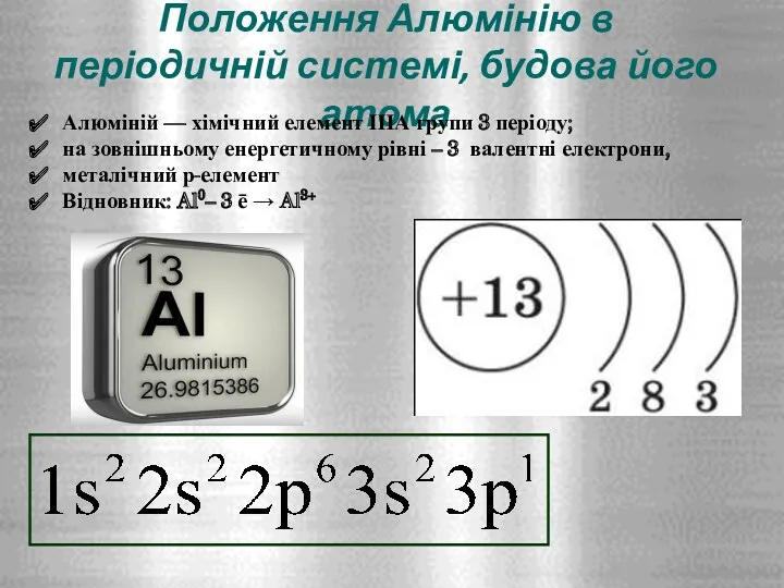 Положення Алюмінію в періодичній системі, будова його атома Алюміній —