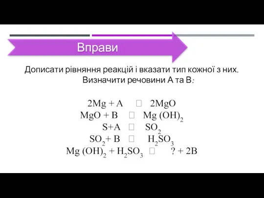 Вправи Дописати рівняння реакцій і вказати тип кожної з них.