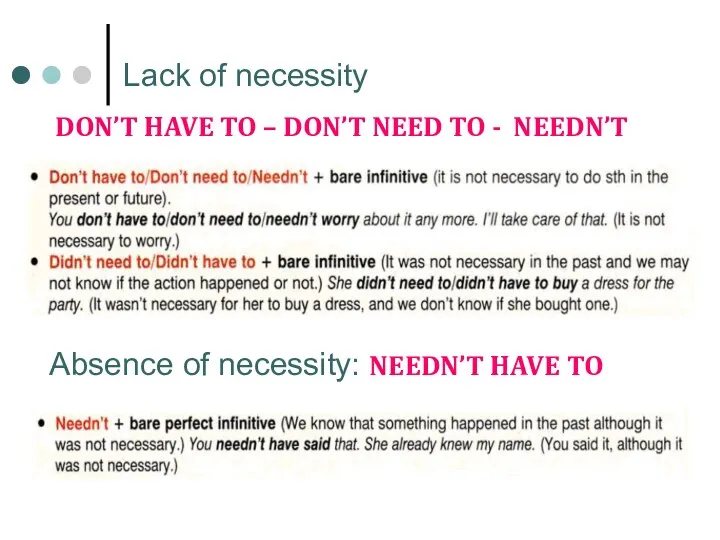 DON’T HAVE TO – DON’T NEED TO - NEEDN’T Lack