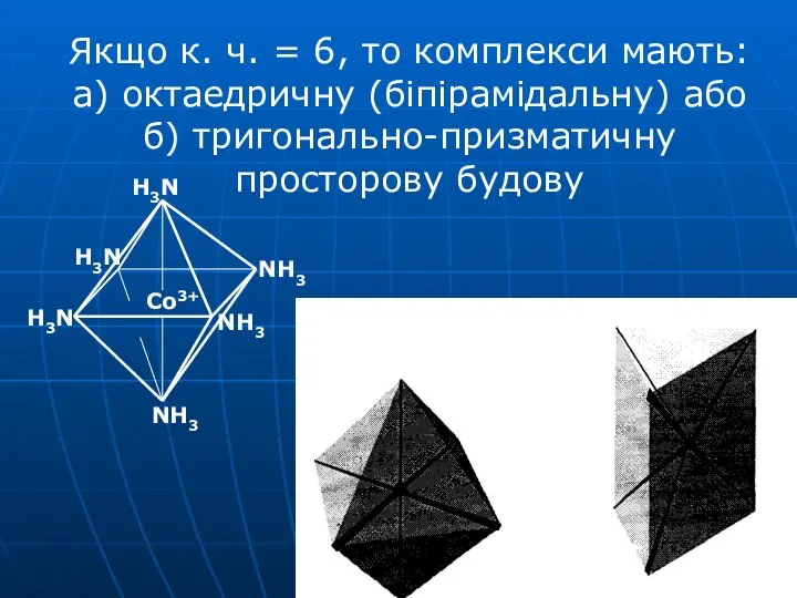 Якщо к. ч. = 6, то комплекси мають: а) октаедричну (біпірамідальну) або б) тригонально-призматичну просторову будову