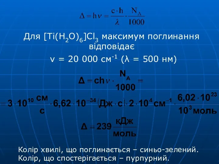 Для [Ti(H2O)6]Cl3 максимум поглинання відповідає ν = 20 000 см-1