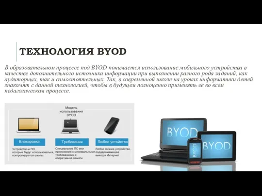 ТЕХНОЛОГИЯ BYOD В образовательном процессе под BYOD понимается использование мобильного