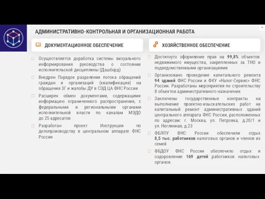 АДМИНИСТРАТИВНО-КОНТРОЛЬНАЯ И ОРГАНИЗАЦИОННАЯ РАБОТА Осуществляется доработка системы визуального информирования руководства