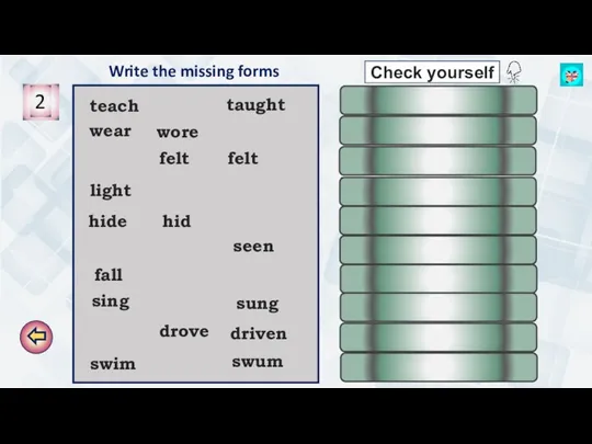 Write the missing forms teach taught wear wore felt felt