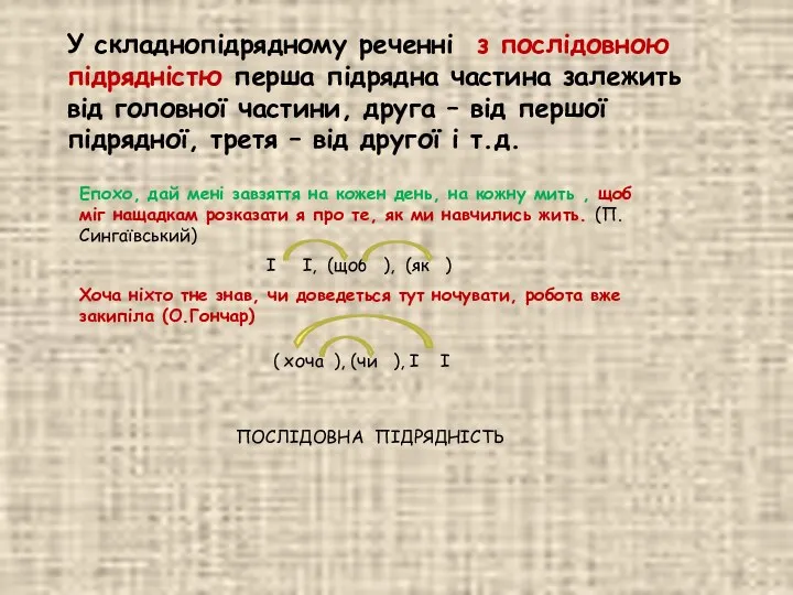 У складнопідрядному реченні з послідовною підрядністю перша підрядна частина залежить