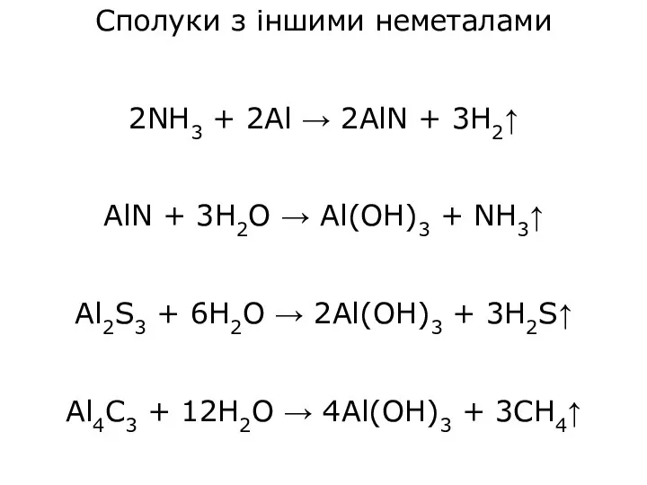 Сполуки з іншими неметалами 2NH3 + 2Al → 2AlN +