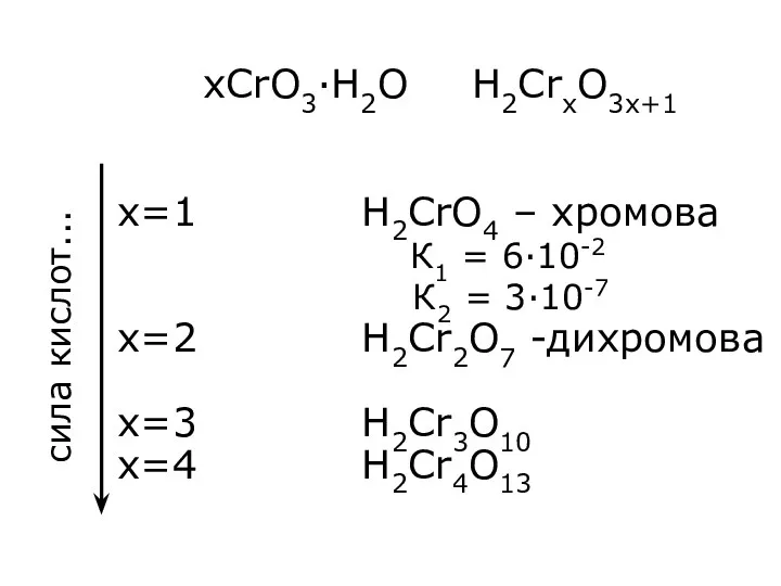 xCrO3·H2O H2CrxO3x+1 x=1 H2CrO4 – хромова К1 = 6·10-2 К2