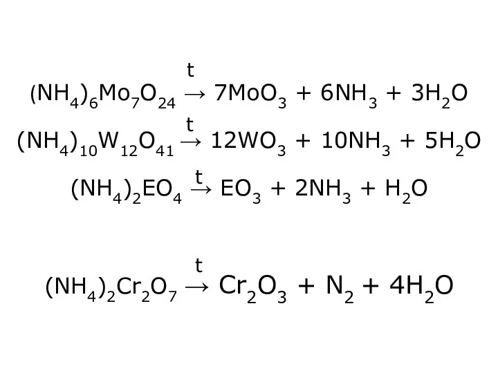 (NH4)6Mo7O24 → 7MoO3 + 6NH3 + 3H2O (NH4)10W12O41 → 12WO3