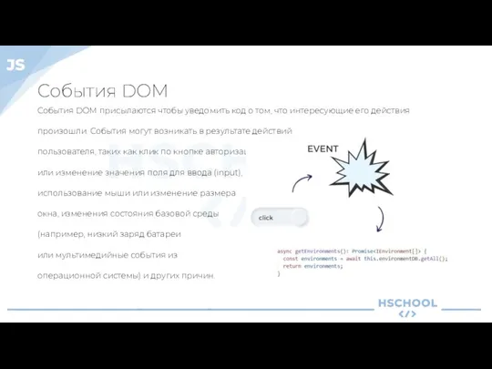 События DOM События DOM присылаются чтобы уведомить код о том,