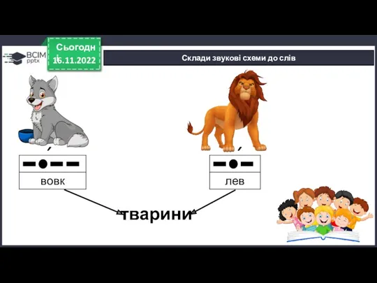 16.11.2022 Сьогодні Склади звукові схеми до слів тварини ´ ´