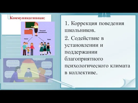 Коммуникативная: 1. Коррекция поведения школьников. 2. Содействие в установлении и поддержании благоприятного психологического климата в коллективе.