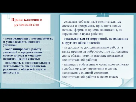 Права классного руководителя - контролировать посещаемость и успеваемость каждого ученика;