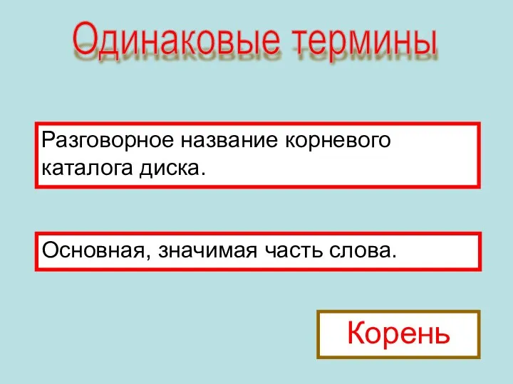 Одинаковые термины Основная, значимая часть слова. Разговорное название корневого каталога диска. Корень