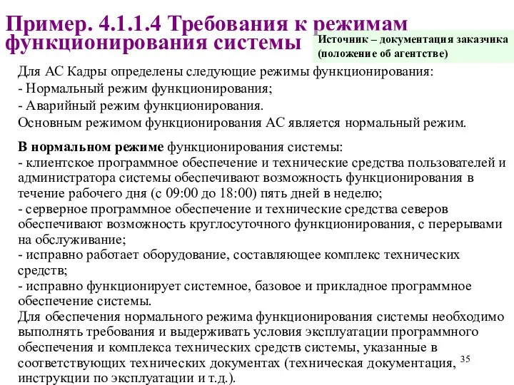 Пример. 4.1.1.4 Требования к режимам функционирования системы Для АС Кадры