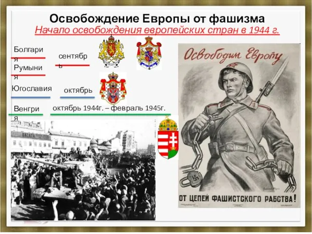 Освобождение Европы от фашизма Начало освобождения европейских стран в 1944 г. Болгария Румыния