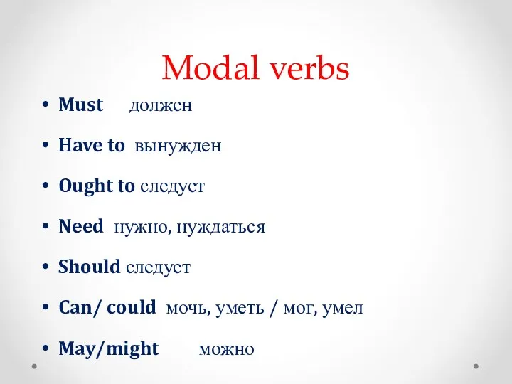 Modal verbs Must должен Have to вынужден Ought to следует