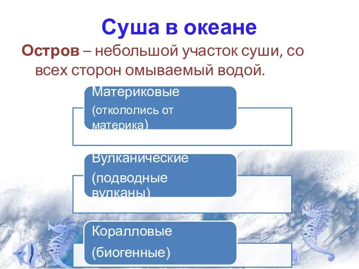 Суша в океане Остров – небольшой участок суши, со всех сторон омываемый водой.