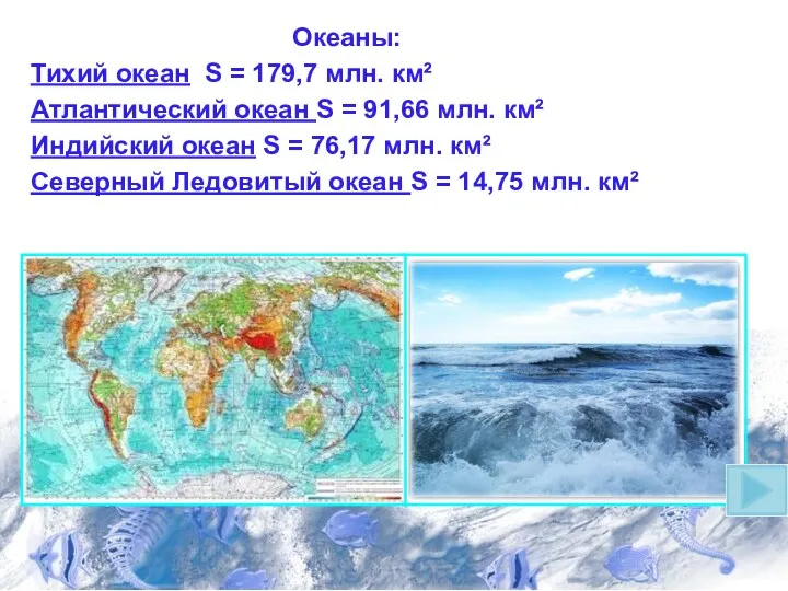 Океаны: Тихий океан S = 179,7 млн. км² Атлантический океан
