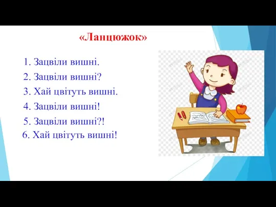 «Ланцюжок» 1. Зацвіли вишні. 2. Зацвіли вишні? 3. Хай цвітуть