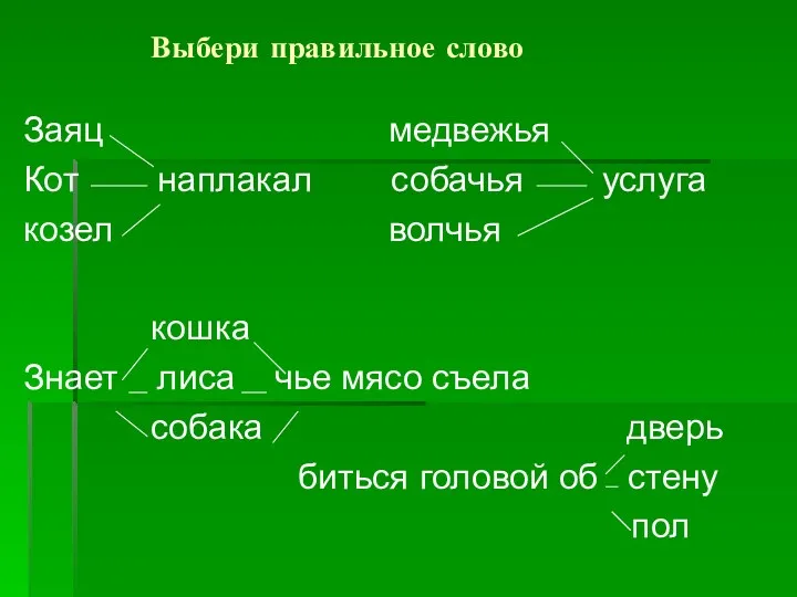 Выбери правильное слово Заяц медвежья Кот наплакал собачья услуга козел