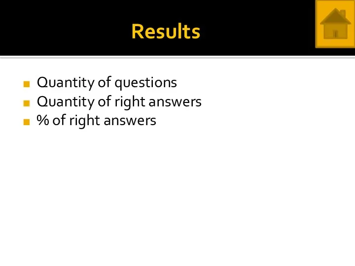 Results Quantity of questions Quantity of right answers % of right answers