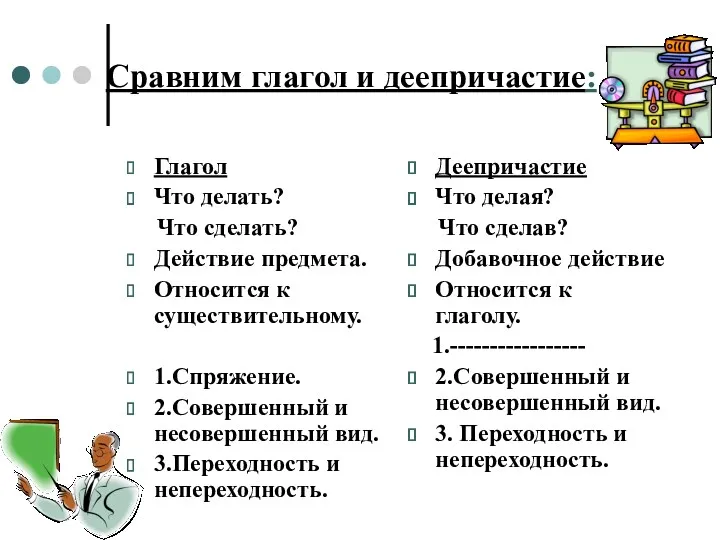 Сравним глагол и деепричастие: Глагол Что делать? Что сделать? Действие