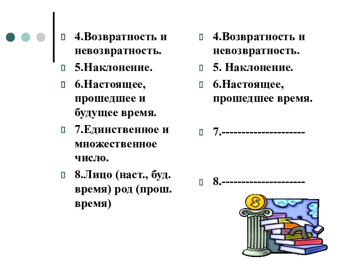 4.Возвратность и невозвратность. 5.Наклонение. 6.Настоящее, прошедшее и будущее время. 7.Единственное