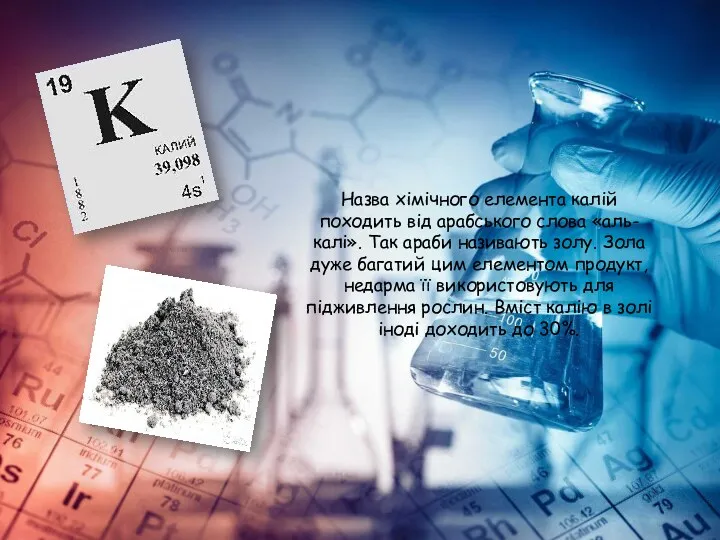 Назва хімічного елемента калій походить від арабського слова «аль-калі». Так