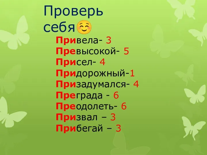 Проверь себя☺ Привела- 3 Превысокой- 5 Присел- 4 Придорожный-1 Призадумался-